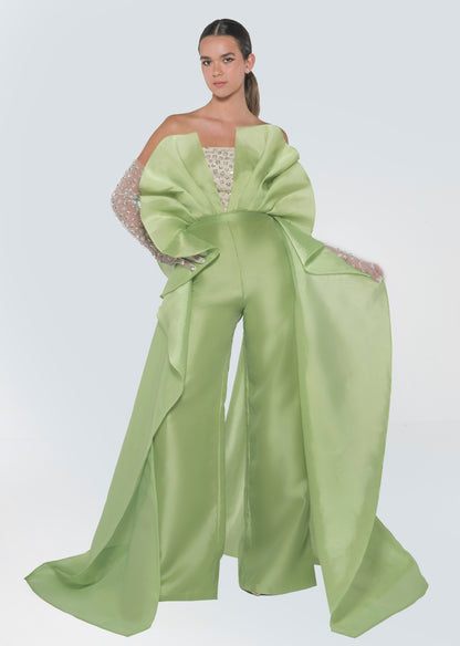 Embellishment Draped Organza Jumpsuit With Gloves