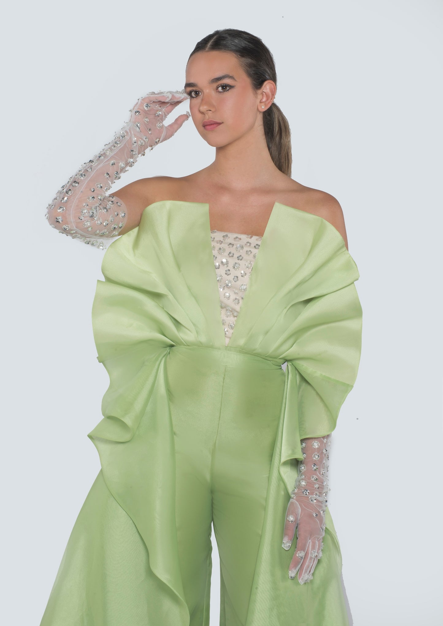 Embellishment Draped Organza Jumpsuit With Gloves