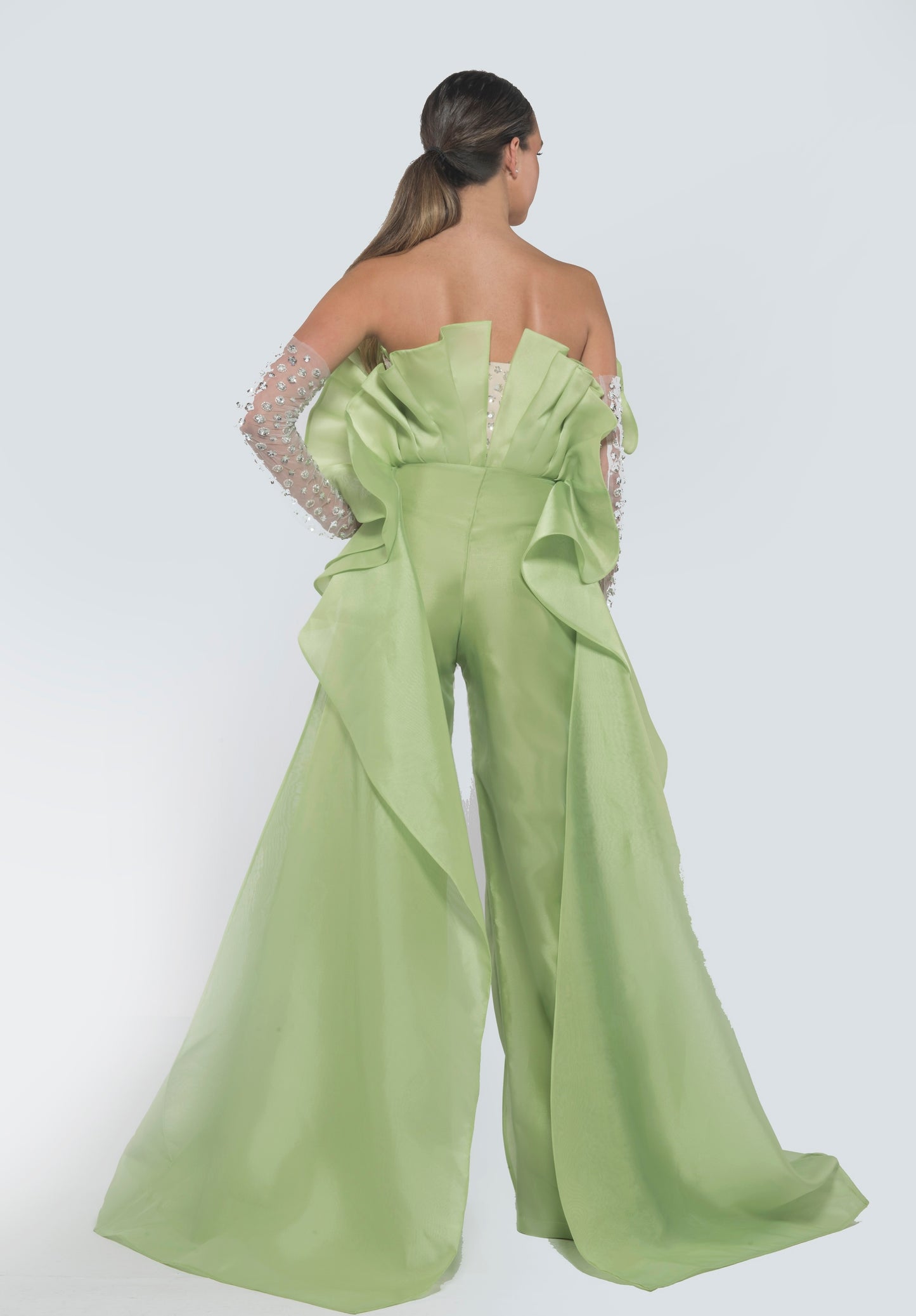 Embellishment Draped Organza Jumpsuit With Gloves