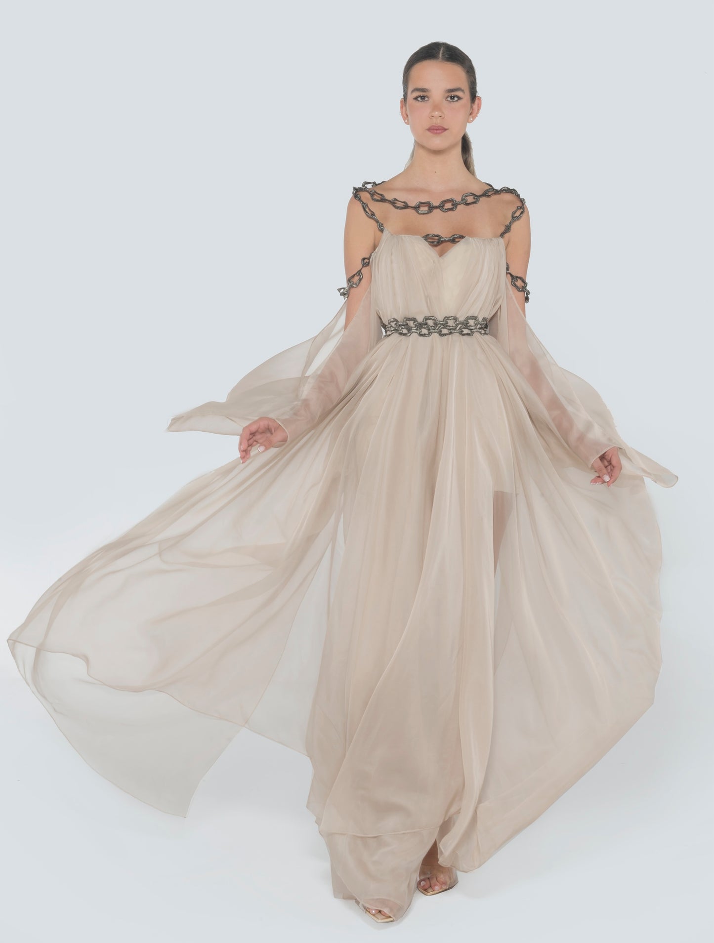 Embellishment Layered Organza Dress With Belt