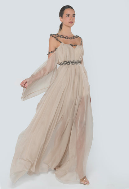 Embellishment Layered Organza Dress With Belt